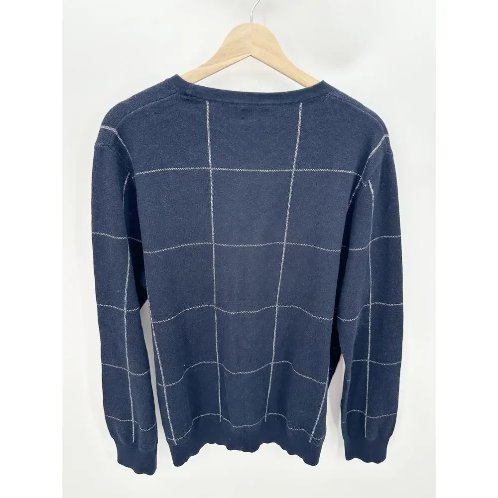 J. Crew Blue Cotton Cashmere‎ Bird's Eye Crewneck Sweater Windowpane Men Size L